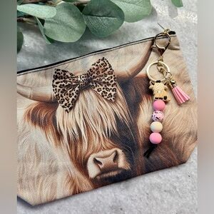 New Highland Cow w/ Leopard Bow Makeup Tech Pencil Bag w/ Pink Keychain - 10.5”
